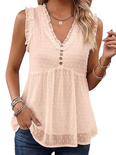 Flamingals Women's V Neck Sleeveless Ruched Swiss Dot Chiffon